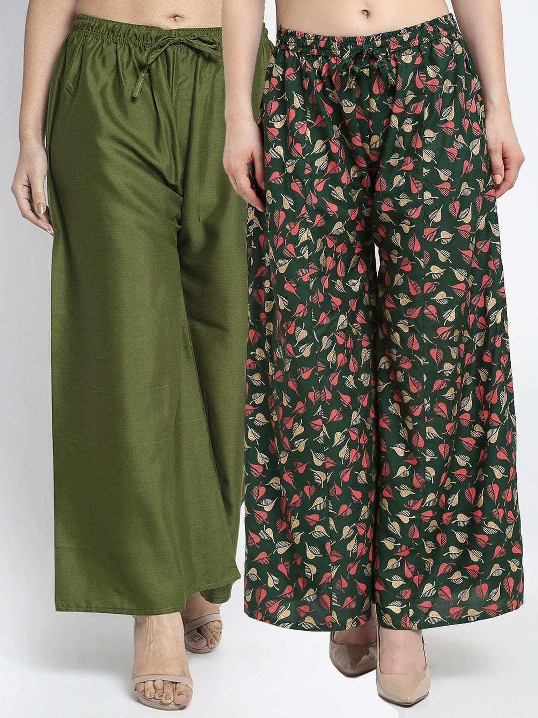 

GRACIT Women Green & Dark Green Set Of 2 Solid & Printed Straight Fit Palazzos