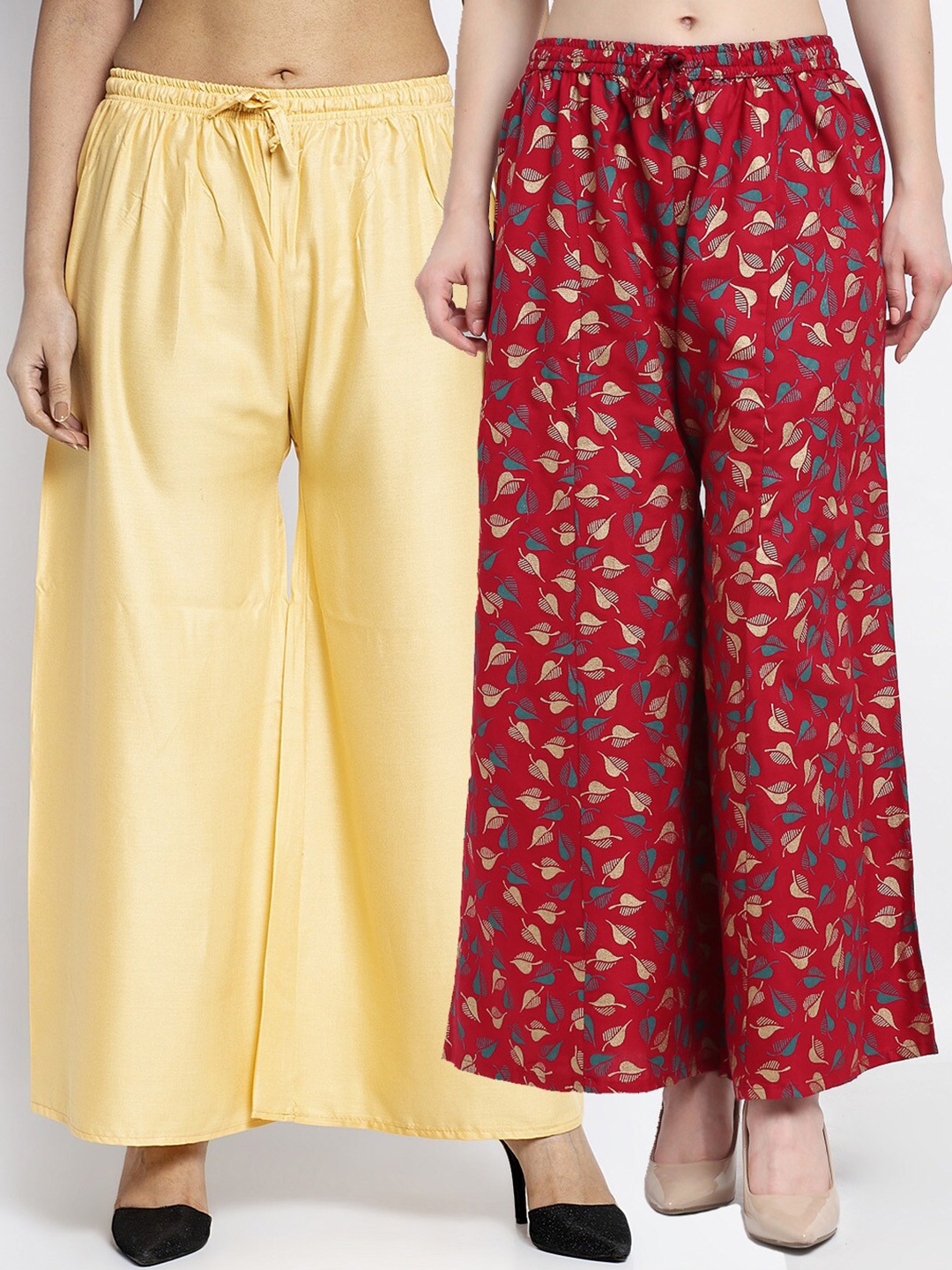 GRACIT Women Beige & Maroon Set Of 2 Solid & Printed Straight Fit Palazzos