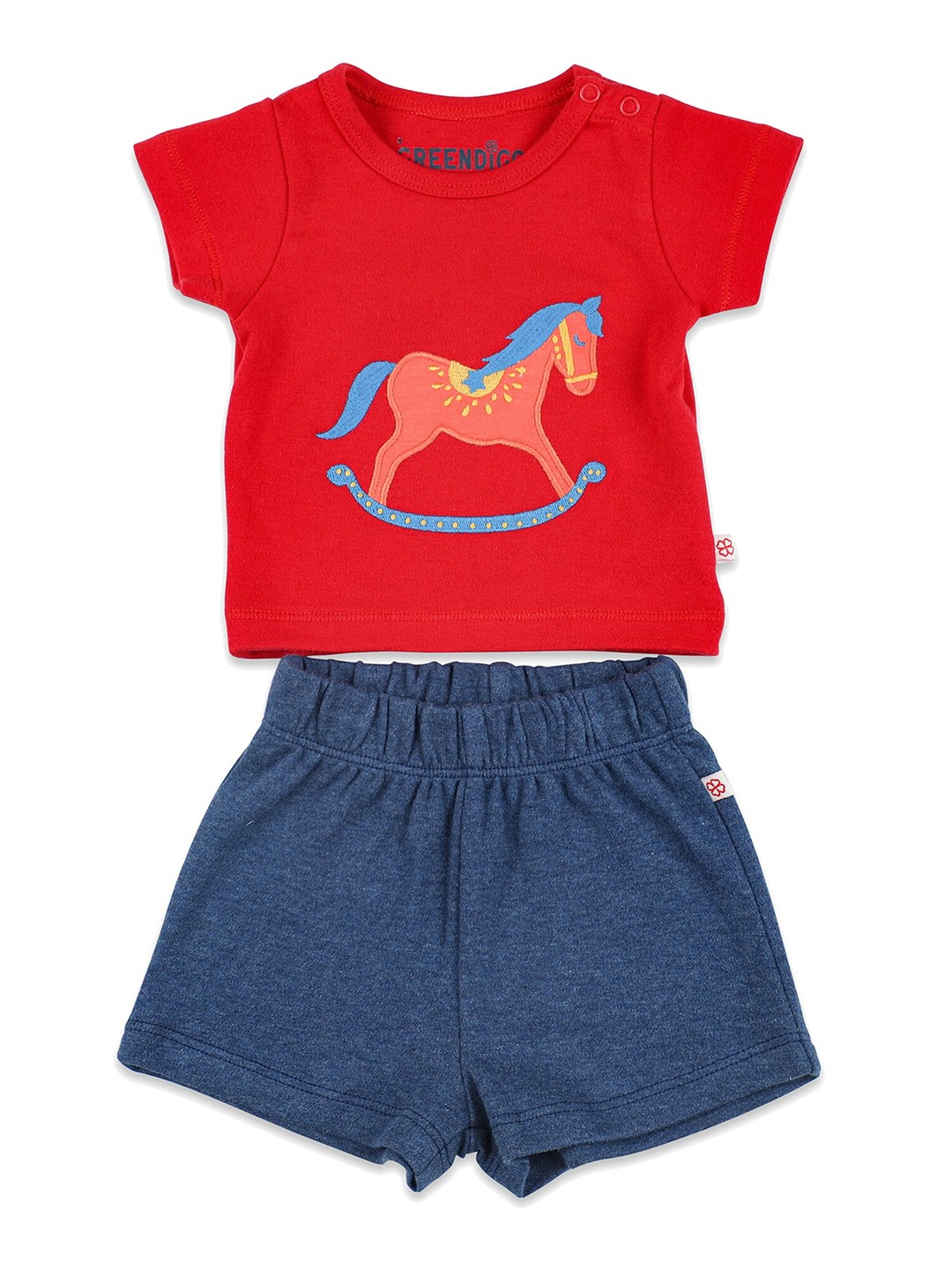 

GREENDIGO Boys Red & Navy Blue Printed Organic Cotton T-shirt & Shorts Set
