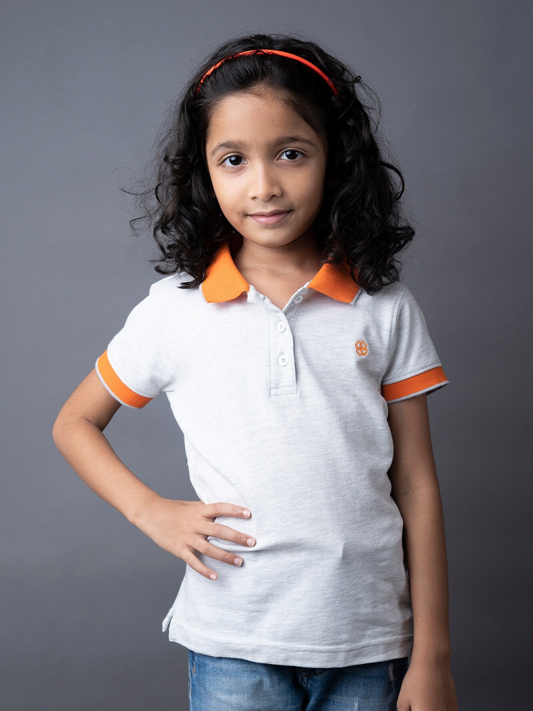 

GREENDIGO Girls Grey Melange & Orange Solid Polo Collar Organic Cotton T-shirt