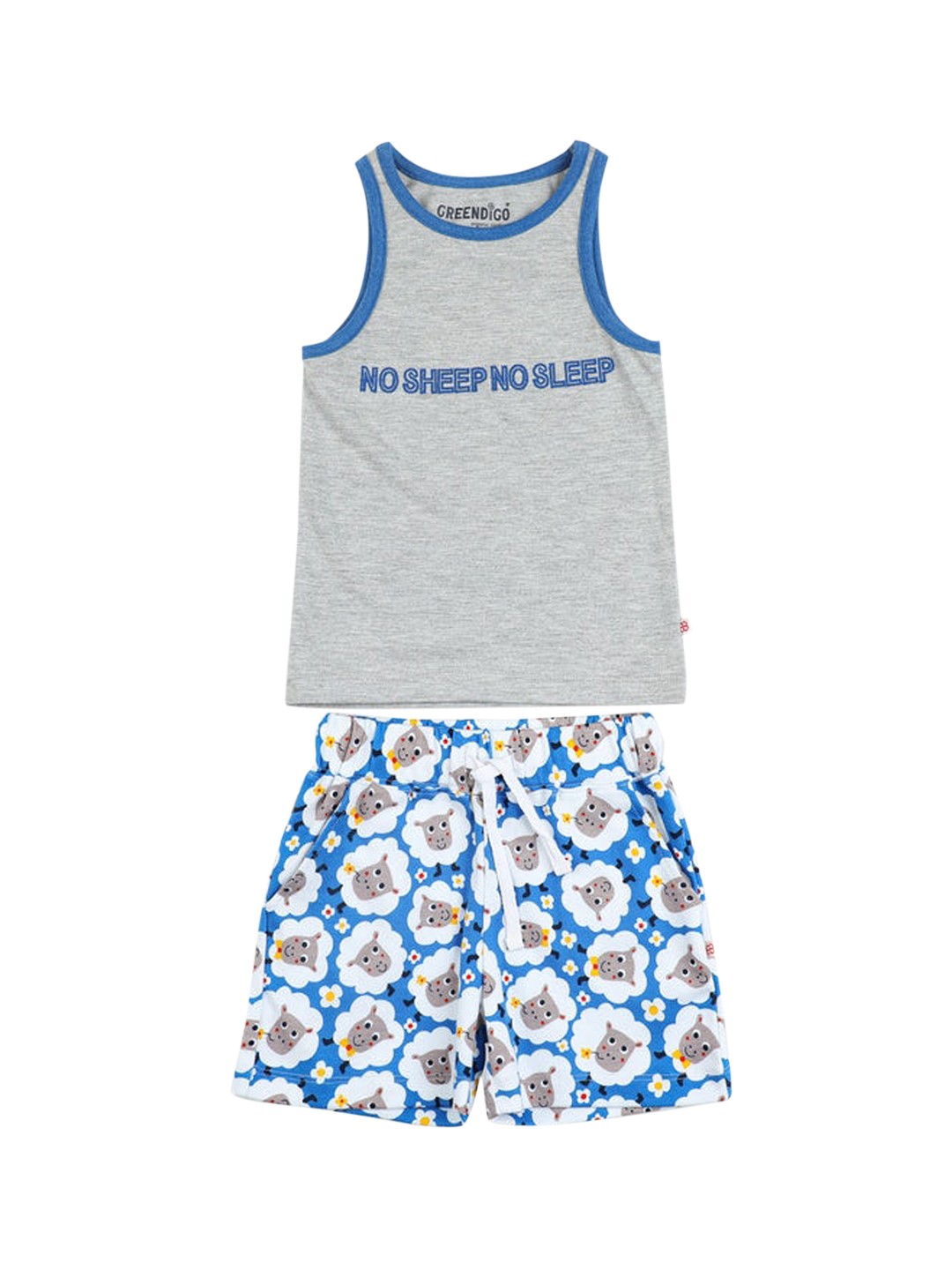 

GREENDIGO Girls Grey & Blue Printed Cotton Night suit