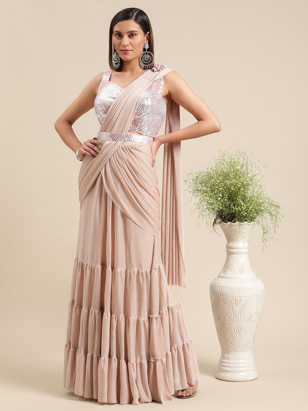 

Grancy Peach-Coloured & Beige Embellished Sequinned Ready to Wear Saree