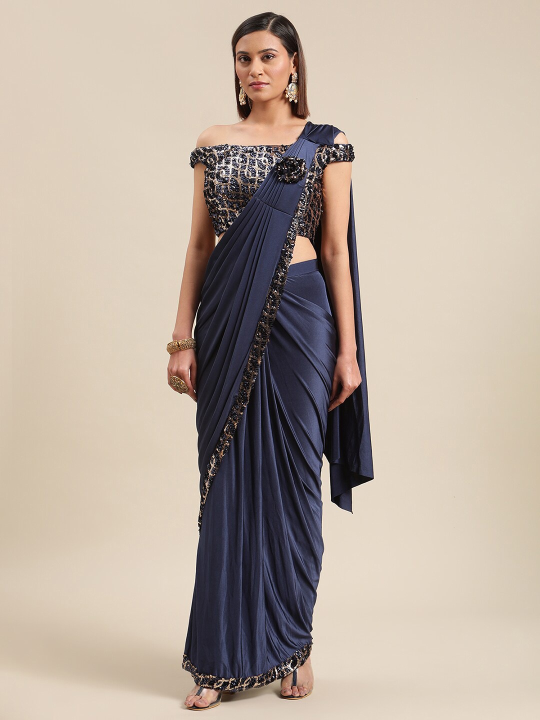 

Grancy Navy Blue Solid Sequinned Bordered Ready to Wear Saree