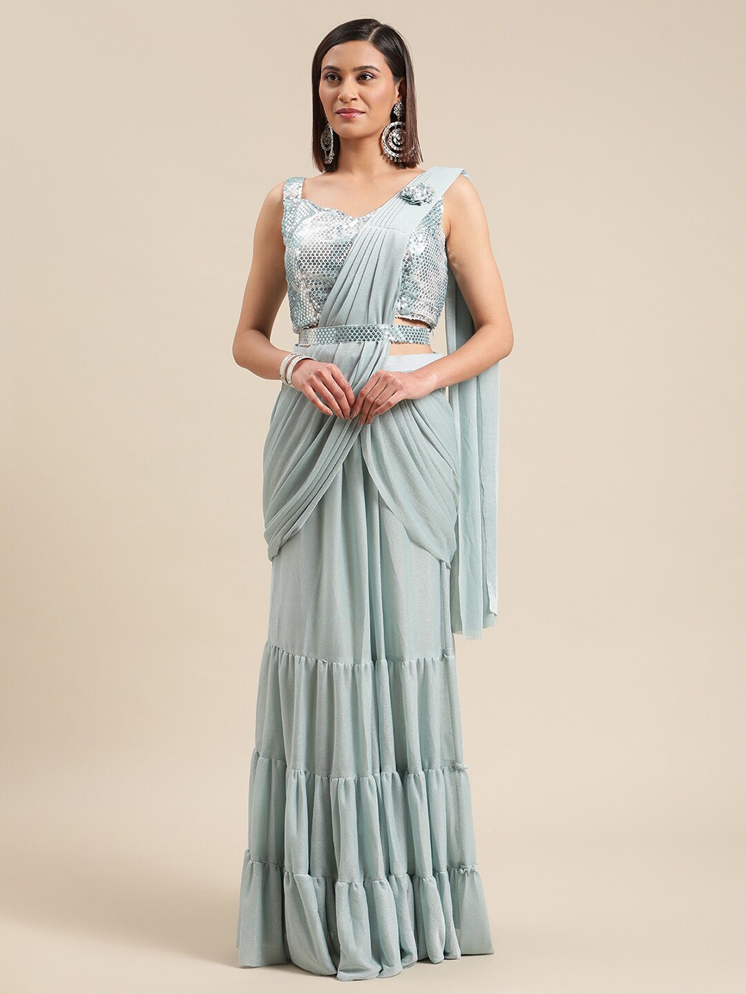 

Grancy Turquoise Blue Ethnic Motifs Sequinned Ready to Wear Saree