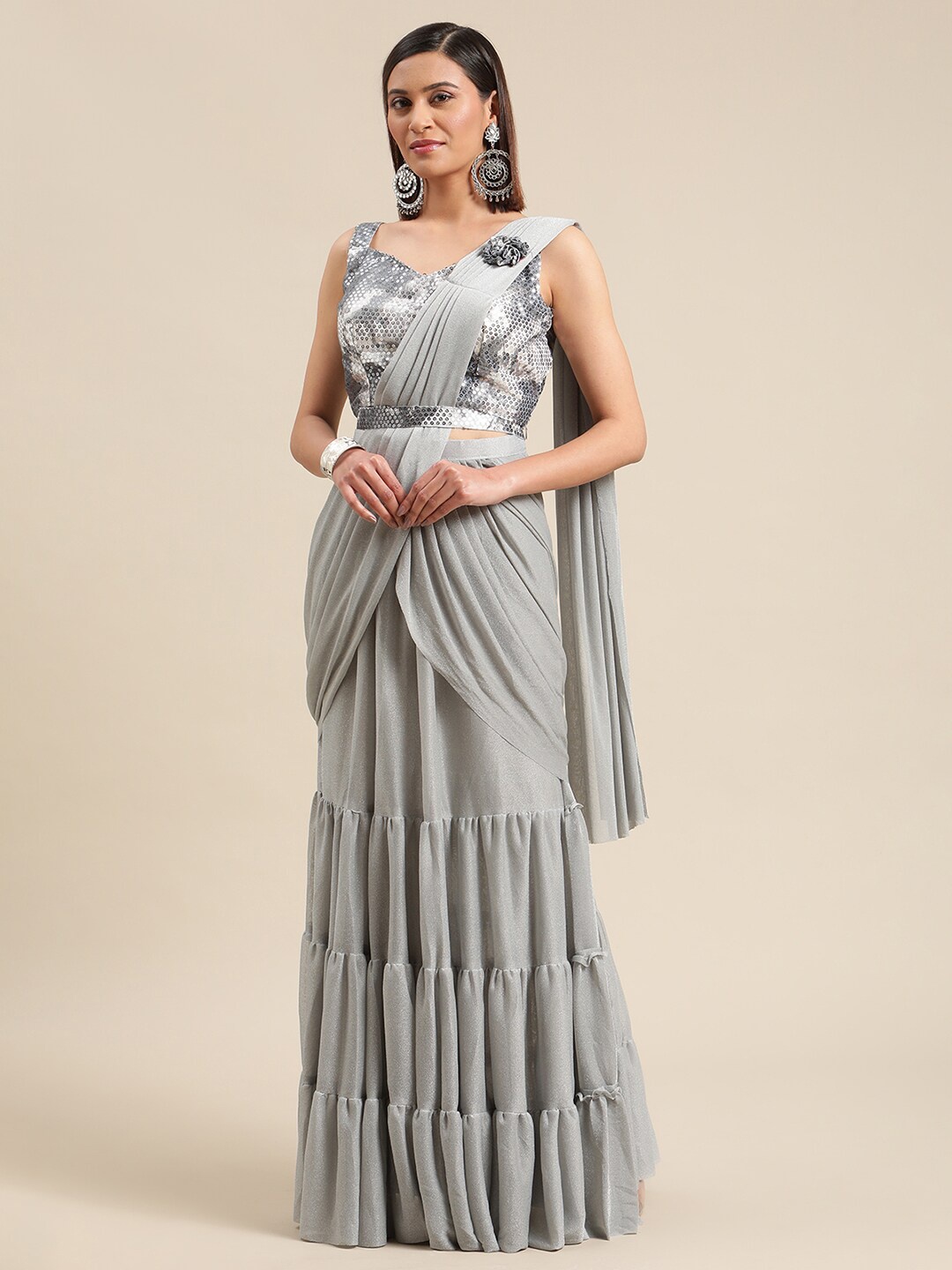 

Grancy Grey & Silver-Toned Solid Embellished Ready To Wear Saree