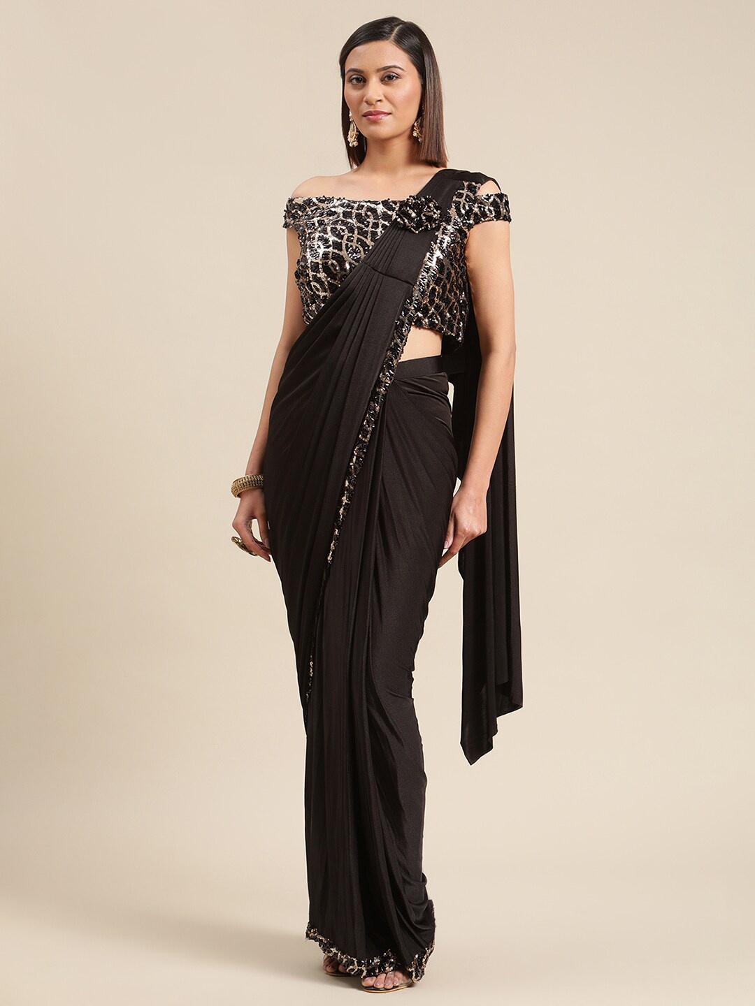 

Grancy Black & Gold-Toned Sequinned Ready to Wear Saree