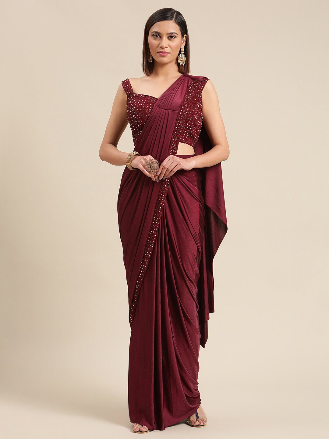 

Grancy Maroon Solid Embellished Blouse Ready To Wear Saree