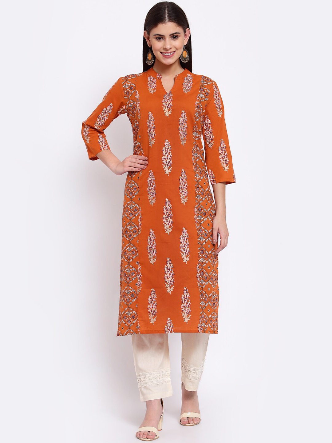 

SVARCHI Women Orange Floral Printed Cotton Straight Kurta