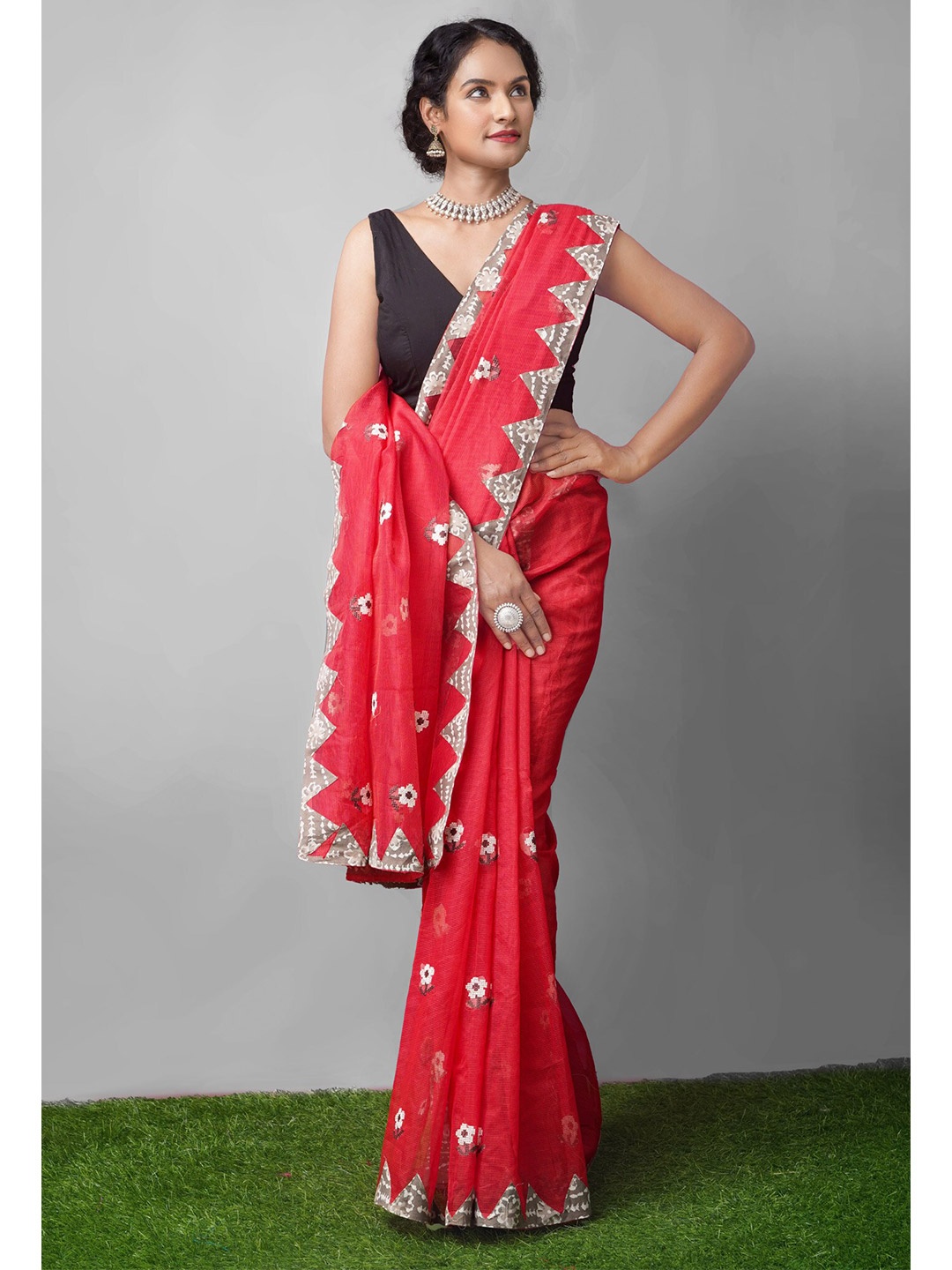 

Unnati Silks Red & White Floral Patchwork Net Patola Saree