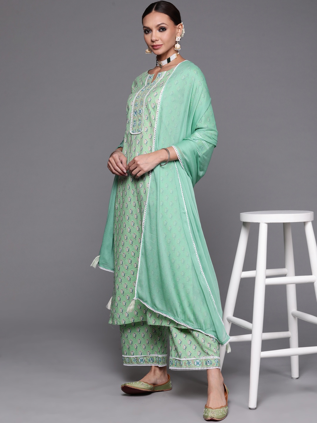 

Indo Era Women Sea Green Floral Printed Kurta with Palazzos & With Dupatta