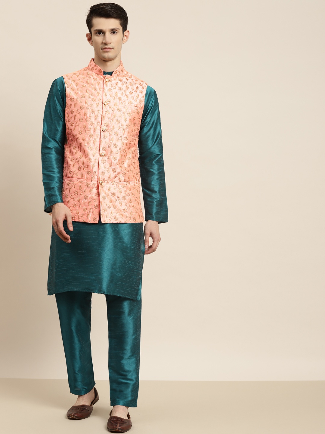 

SOJANYA Men Teal Kurta with Pyjamas & Nehru Jacket