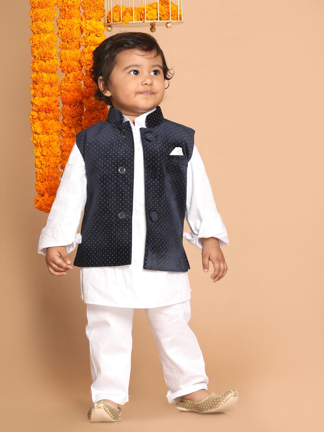

VASTRAMAY Boys White & Blue Cotton Blend Kurta Pyjama Polka Dot Printed Nehru Jacket