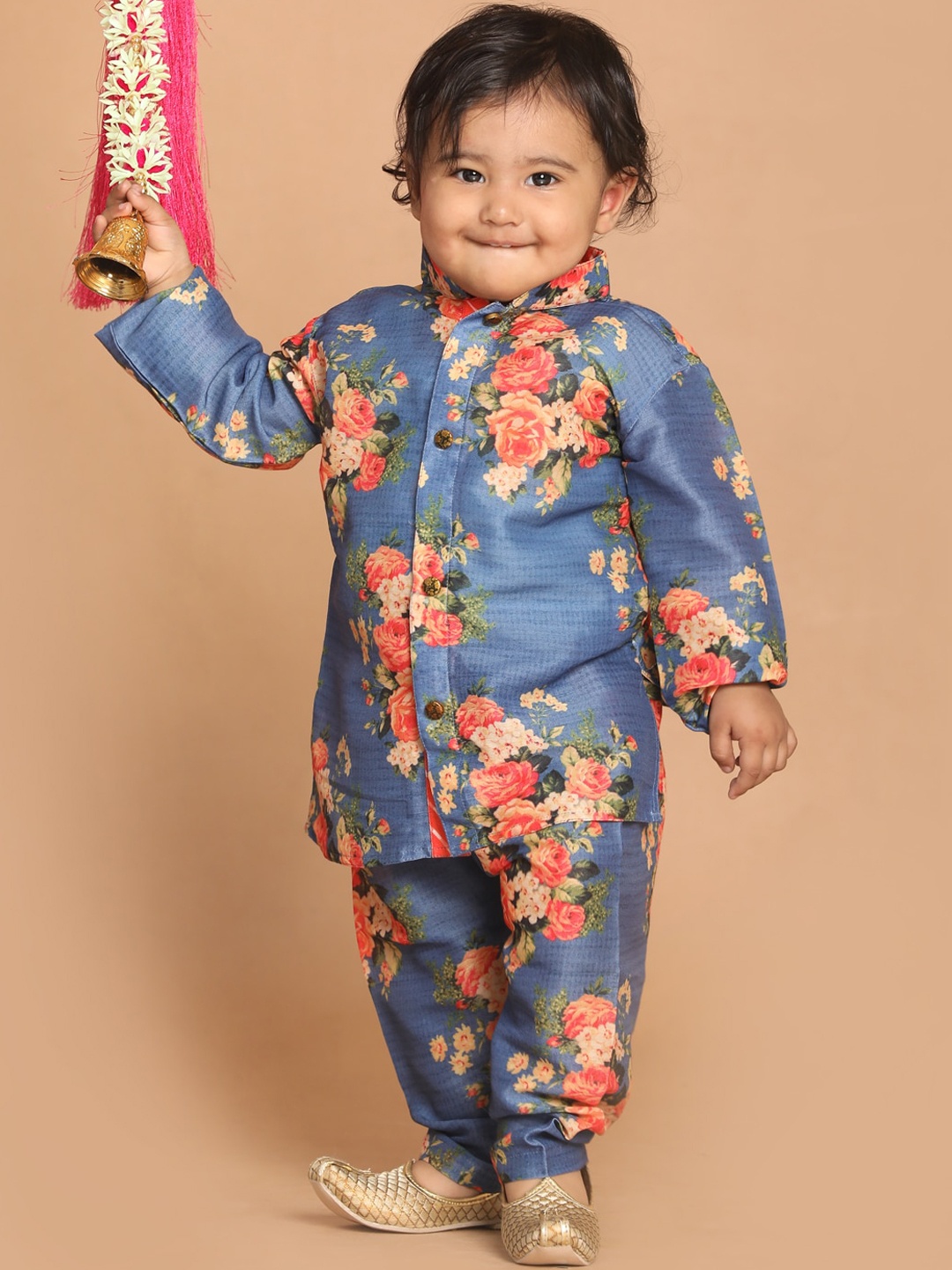 

VASTRAMAY Boys Blue Floral Printed Kurta with Pyjamas