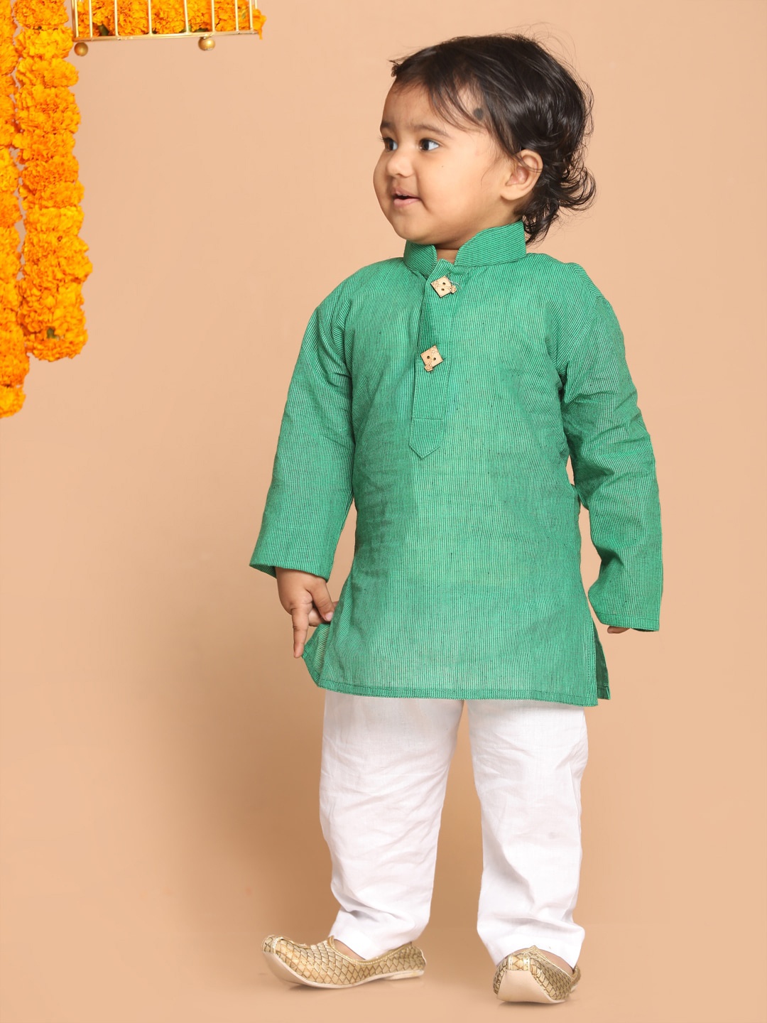

VASTRAMAY Boys Teal Green and White Pure Cotton Kurta Pyjama Set