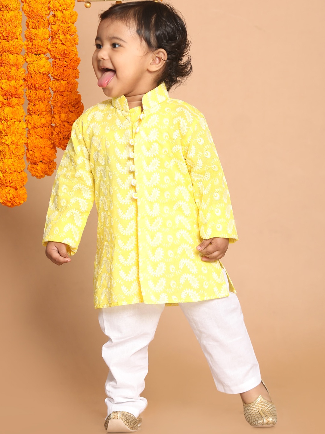 

VASTRAMAY Boys Mustard Yellow And White Pure Cotton Chikankari Kurta Pyjama Set