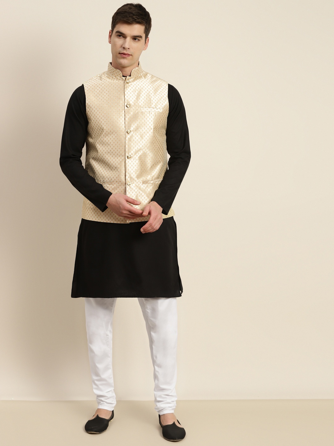 

SOJANYA Men Black & Beige Pure Cotton Kurta with Churidar & Nehru Jacket