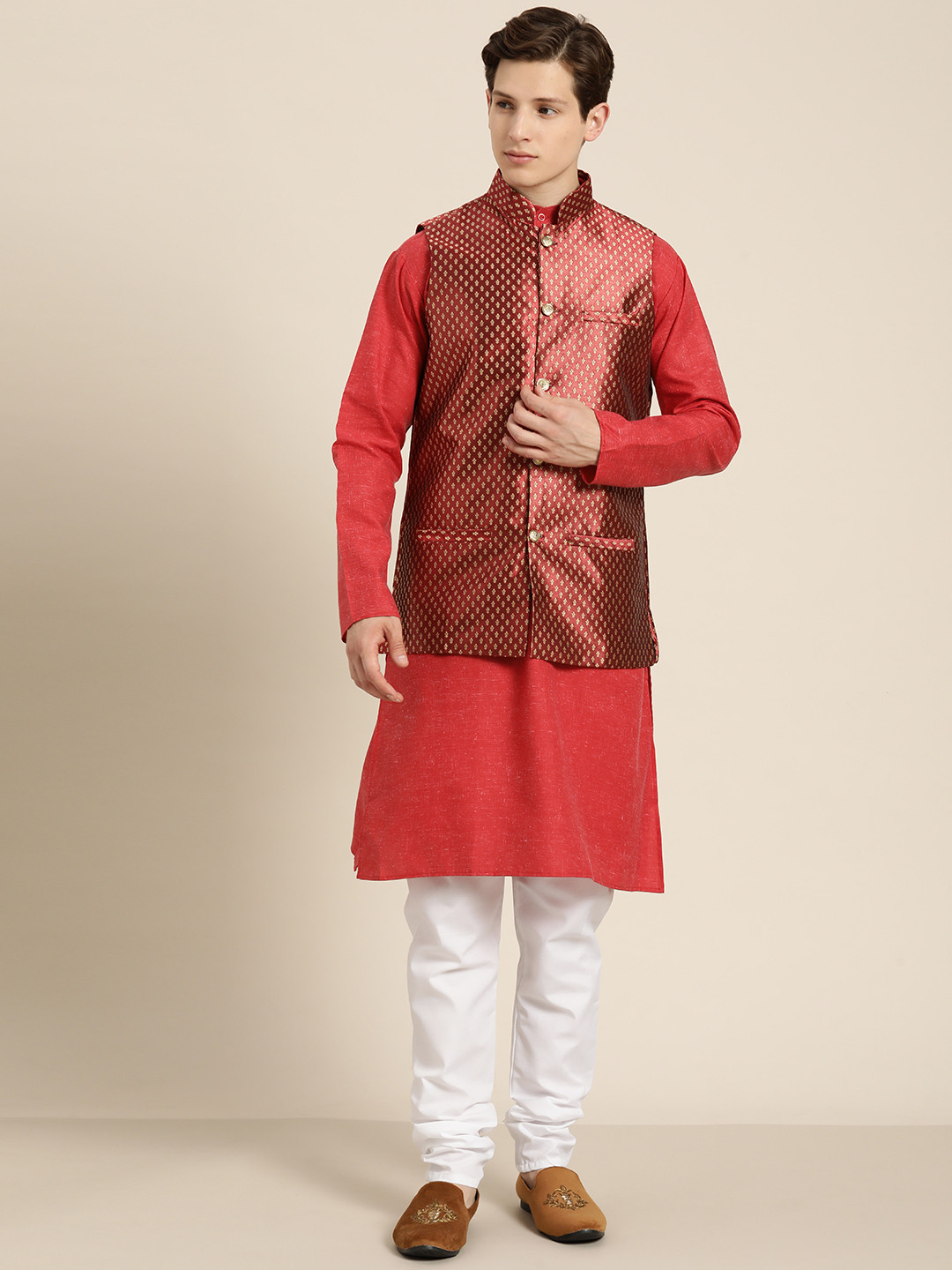 

SOJANYA Men Red Solid Pure Cotton Straight Kurta Churidar & Woven Design Nehru Jacket