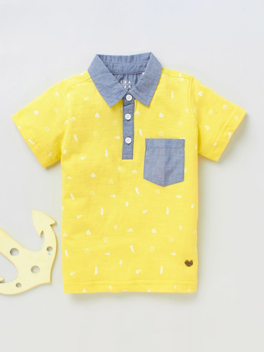 

Ed-a-Mamma Boys Yellow & Blue Printed Polo Collar Cotton T-shirt