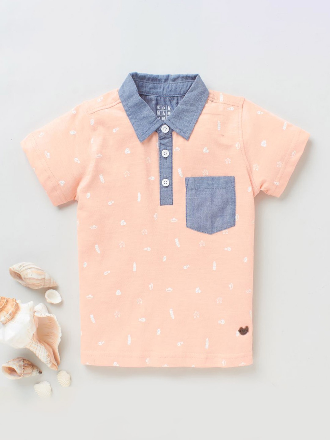 

Ed-a-Mamma Boys Peach-Coloured Printed Polo Collar Pure Cotton Bio Finish T-shirt