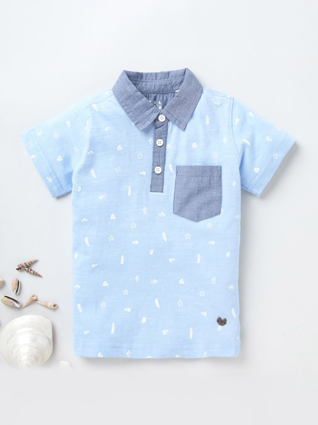 

Ed-a-Mamma Boys Blue Printed Polo Collar Bio Finish Cotton T-shirt