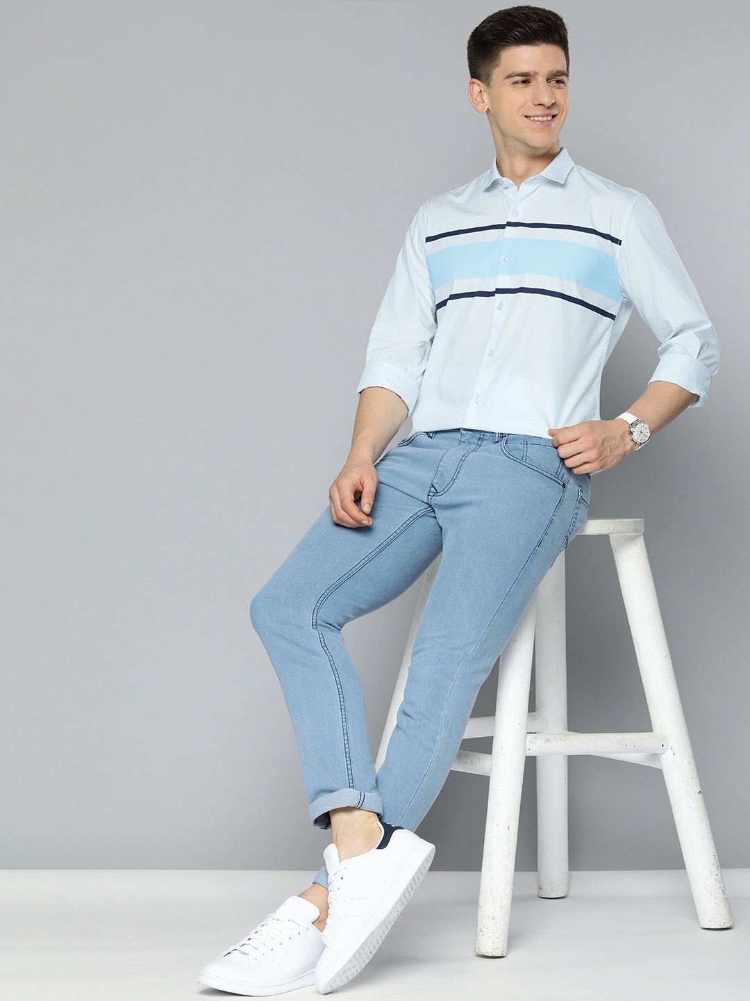 

Mast & Harbour Men Blue Striped Pure Cotton Casual Shirt