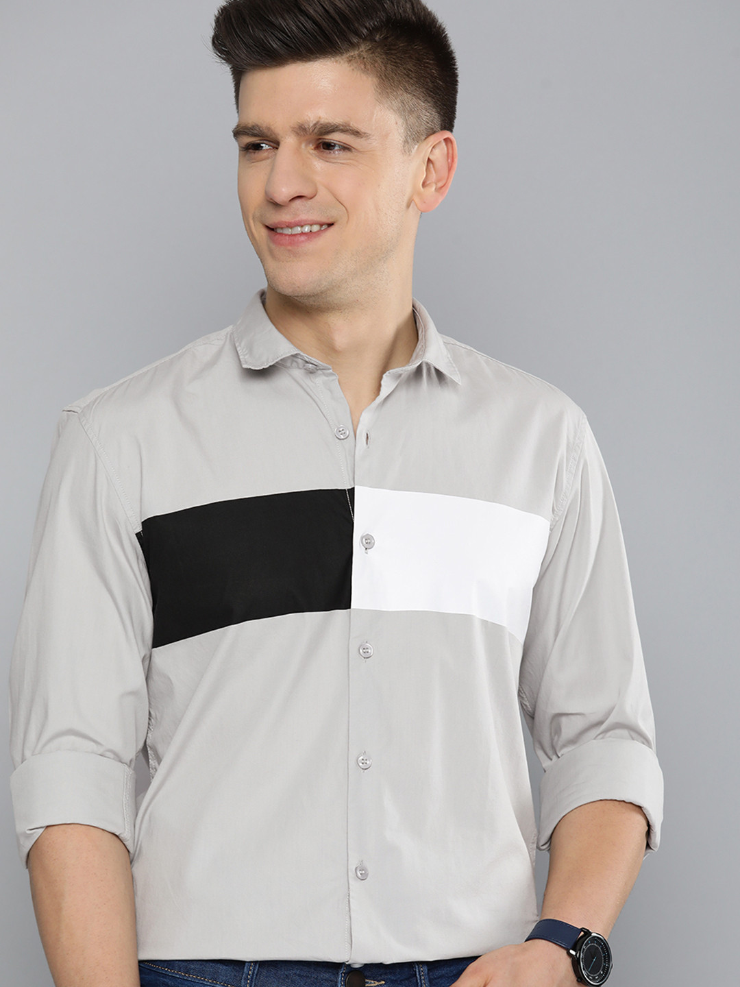 

Mast & Harbour Men Grey Colourblocked Pure Cotton Casual Shirt