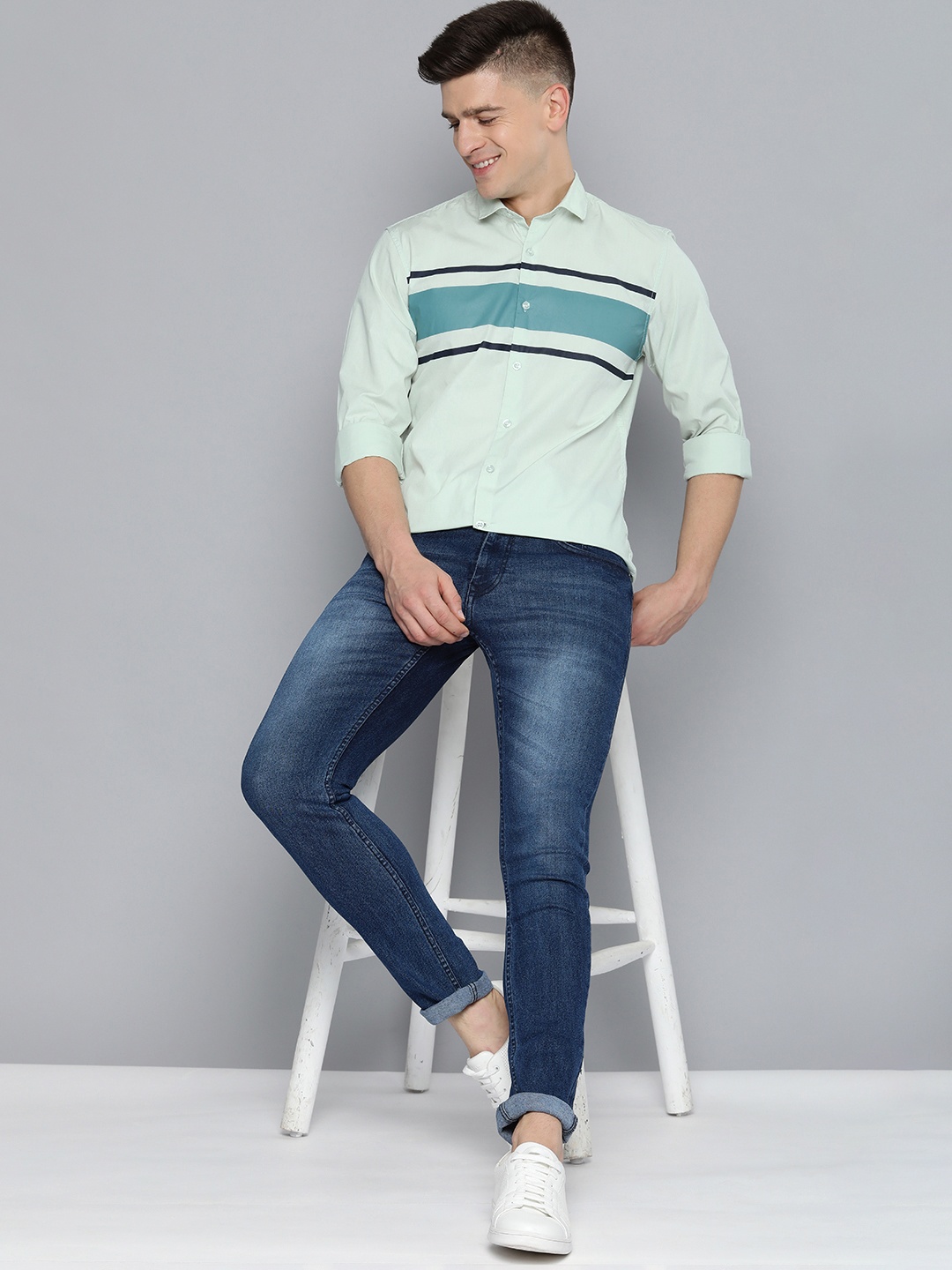 

Mast & Harbour Men Sea Green Slim Fit Horizontal Stripes Casual Shirt