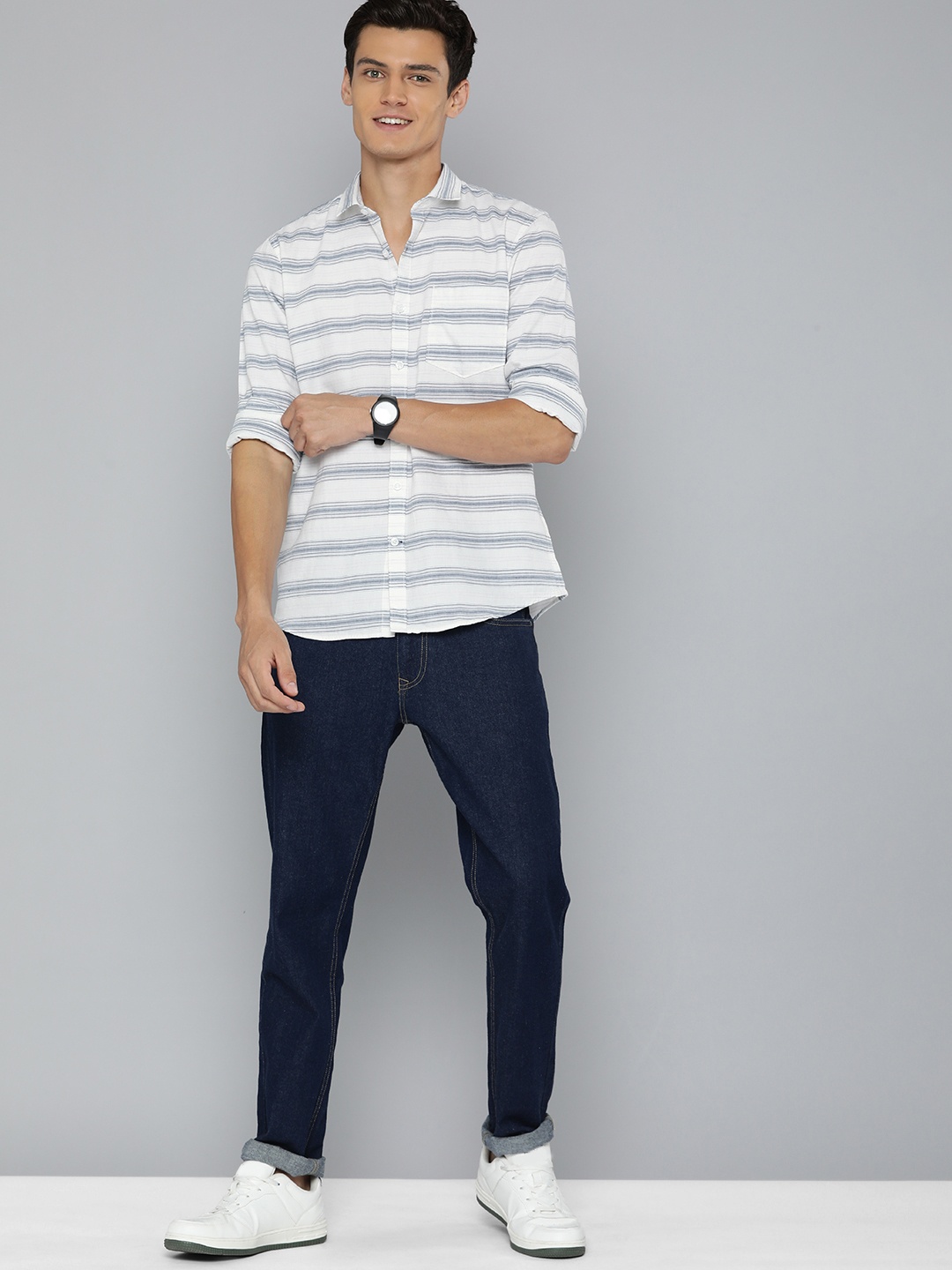

Mast & Harbour Men Off White Multi Stripes Pure Cotton Casual Shirt