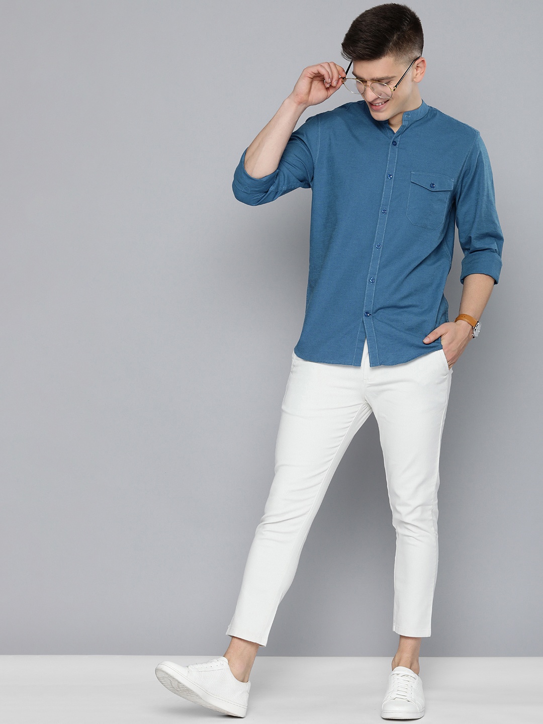 

Mast & Harbour Men Blue Slim Fit Casual Cotton Linen Shirt