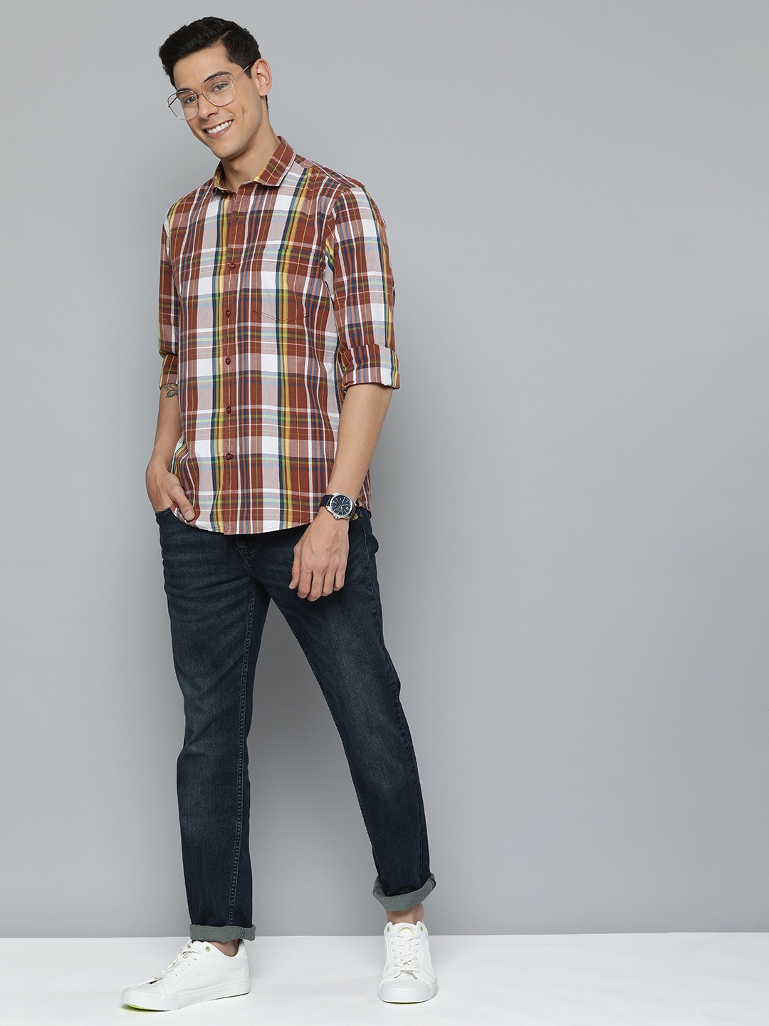 

Mast & Harbour Men Rust Orange & White Checked Pure Cotton Casual Shirt