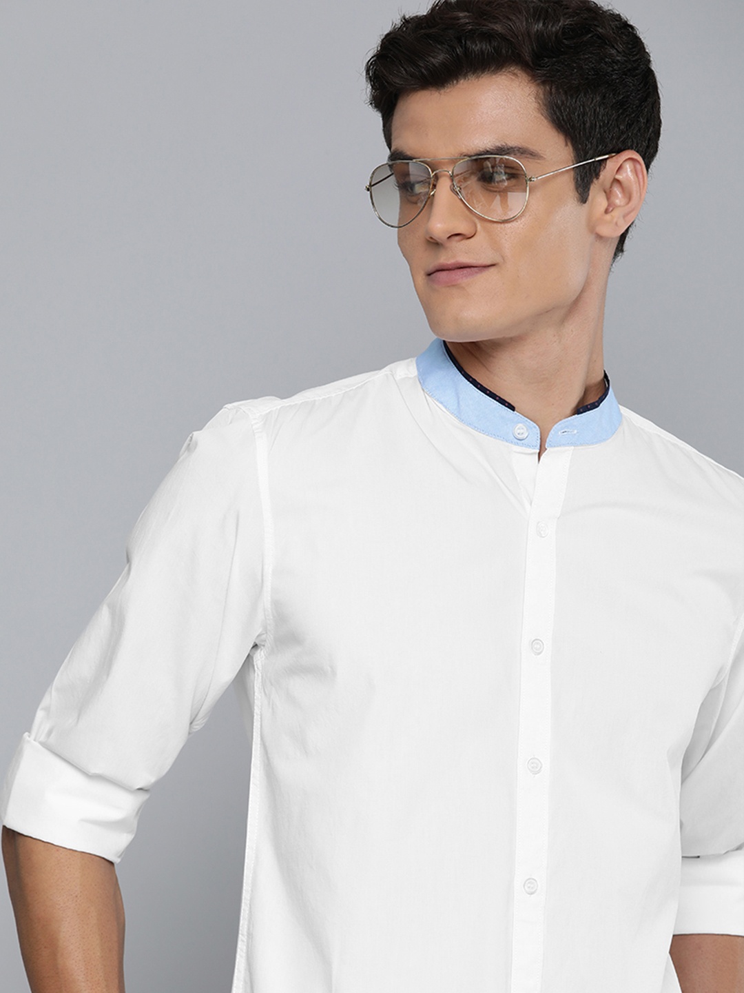 

Mast & Harbour Men White Solid Mandarin-Collar Pure Cotton Casual Shirt