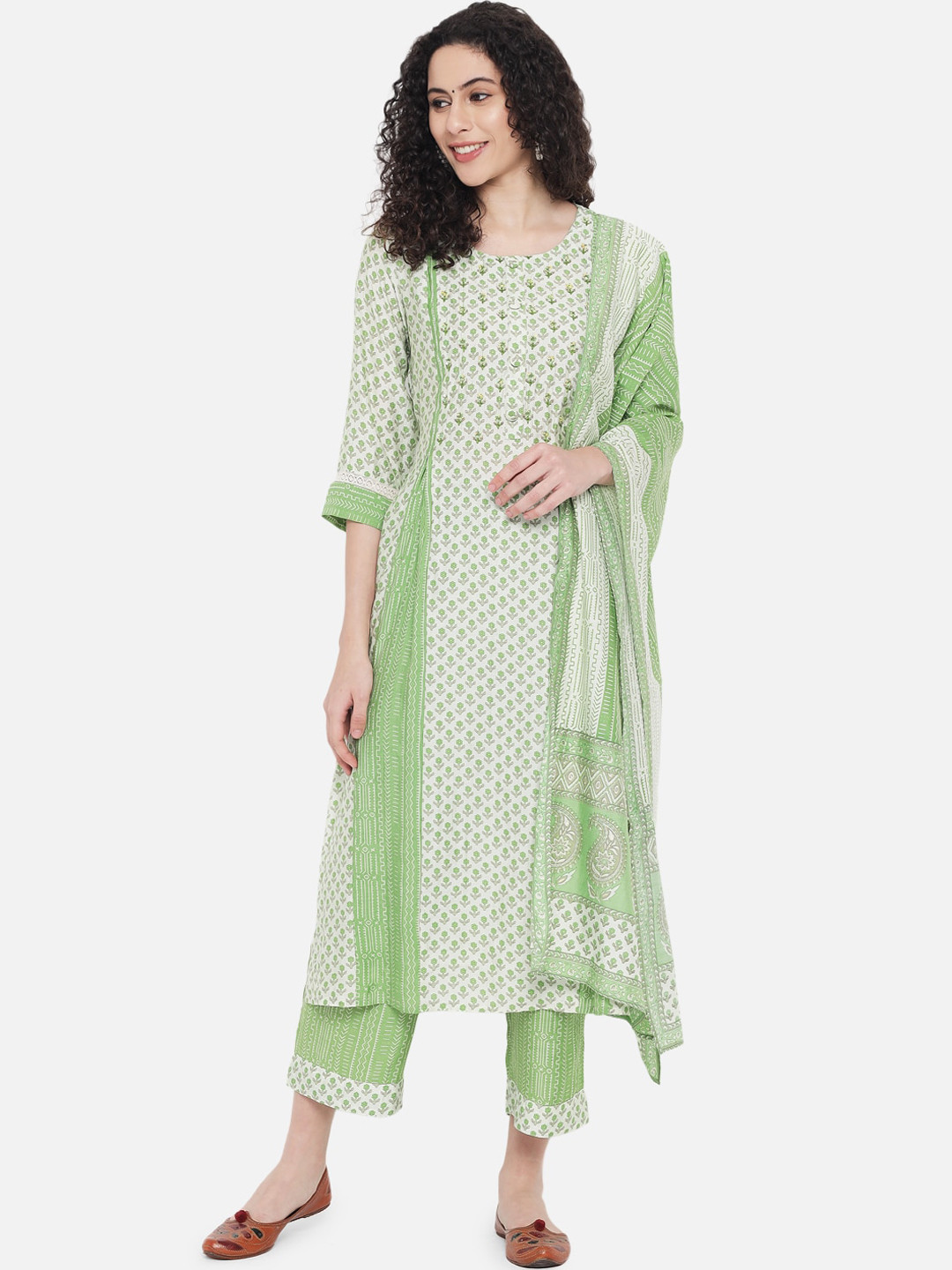 

Nehamta Women Green Printed Chanderi Cotton Kurta with Trousers & With Dupatta