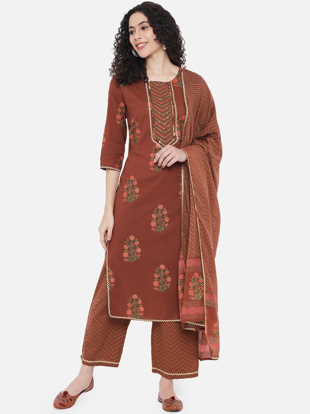 

Nehamta Women Rust Ethnic Motifs Printed Pure Cotton Kurta with Palazzos & With Dupatta