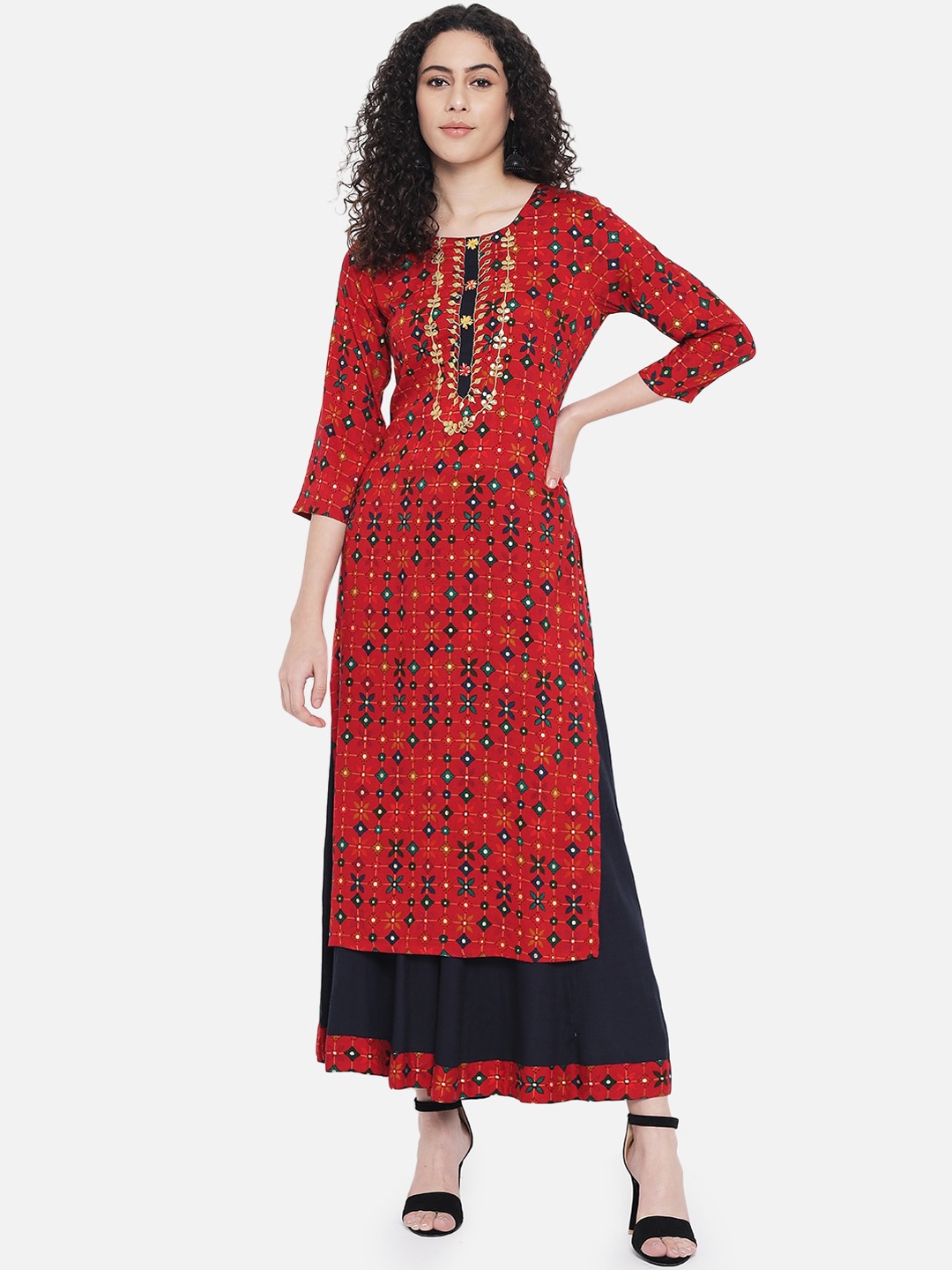 

Nehamta Women Red Floral Printed Kurta with Palazzos
