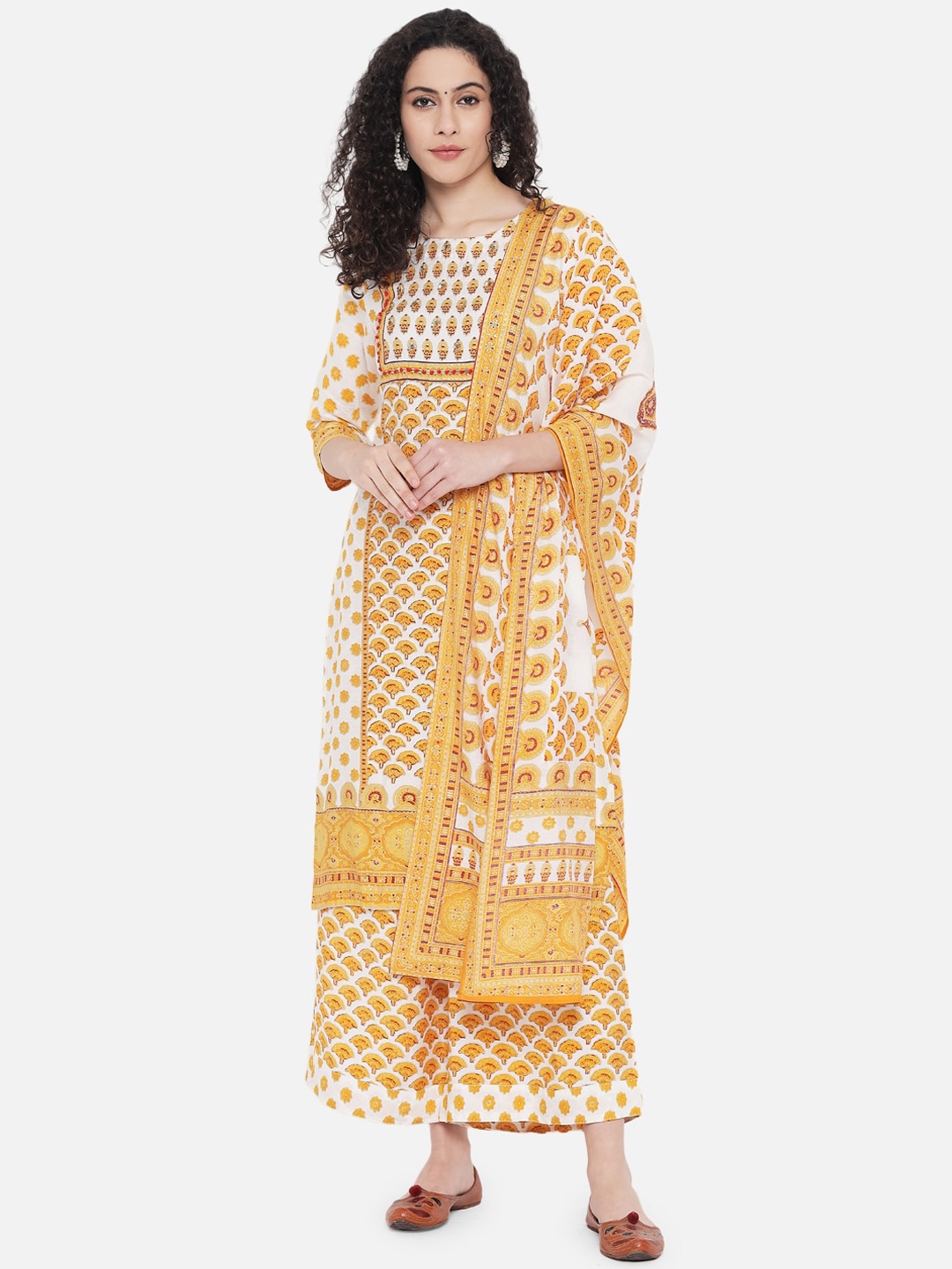 

Nehamta Women Mustard Yellow Printed Chanderi Cotton Kurta with Palazzos & With Dupatta