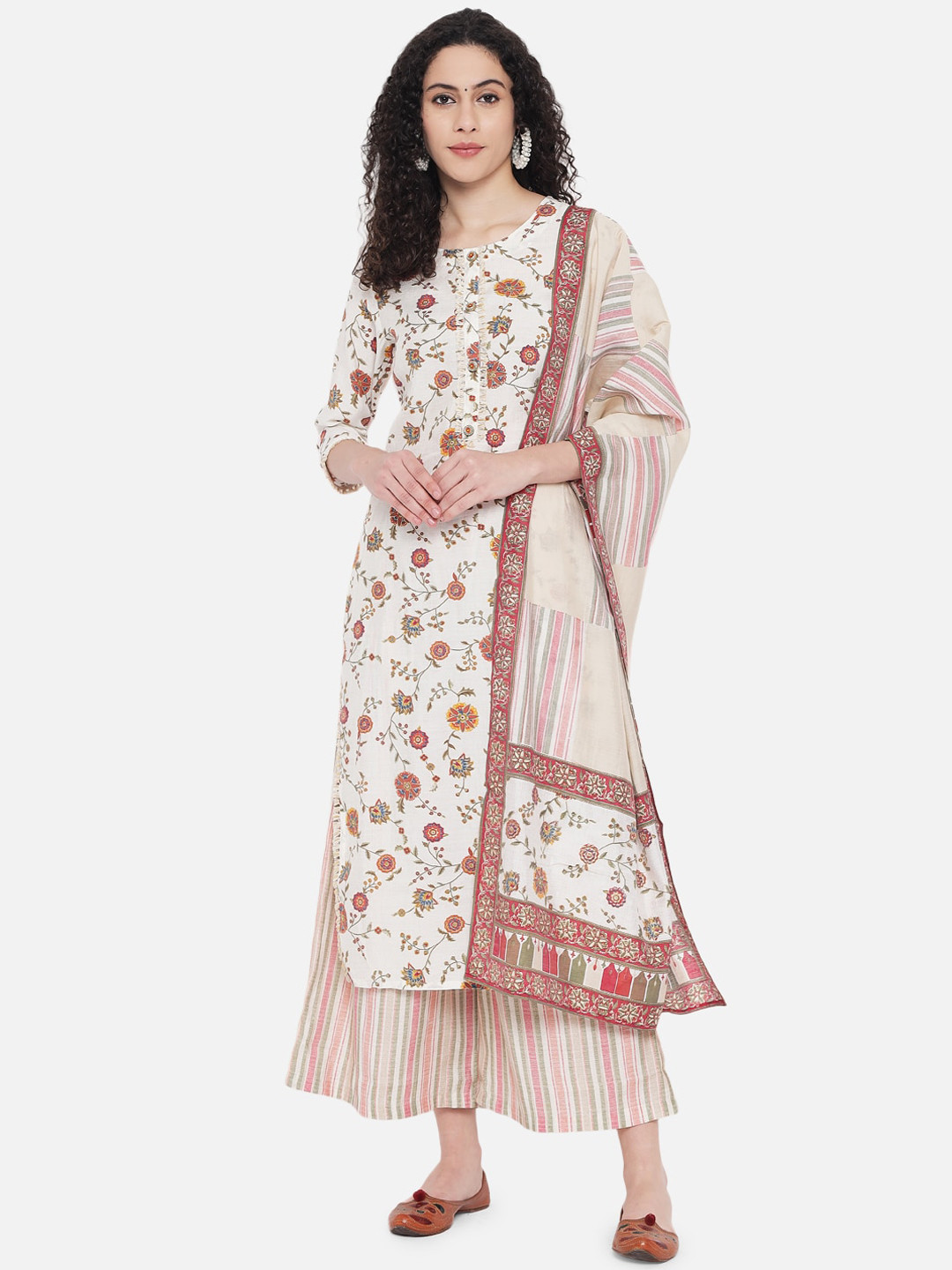 

Nehamta Women White Floral Printed Chanderi Cotton Kurta with Palazzos & With Dupatta