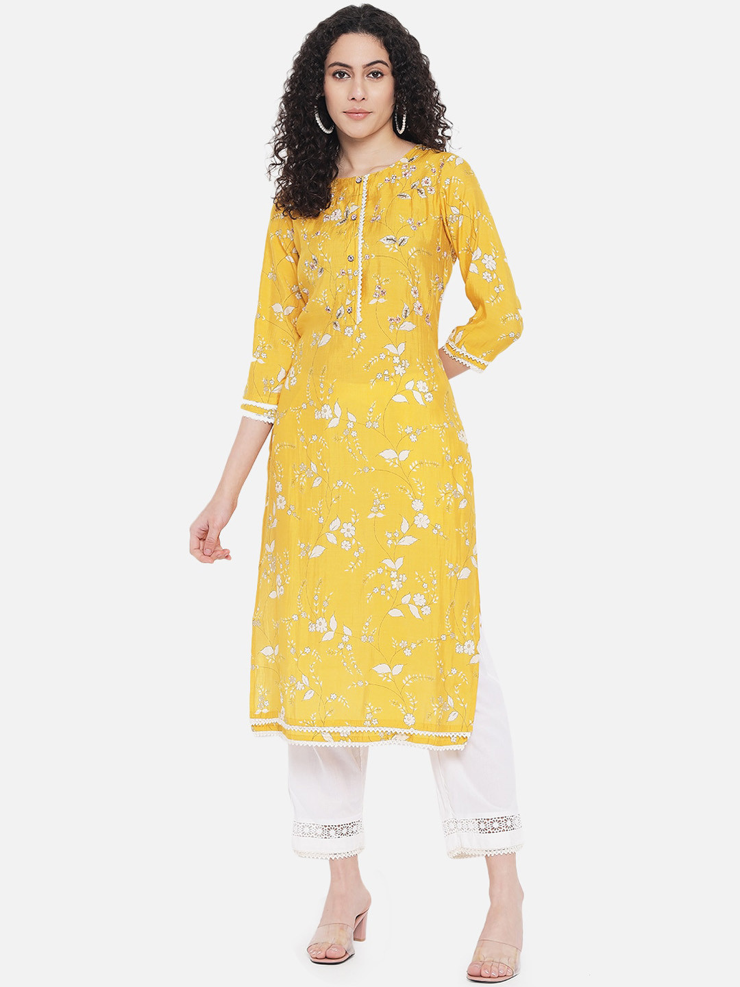 

Nehamta Women Yellow Floral Printed Chanderi Cotton Kurta with Trousers