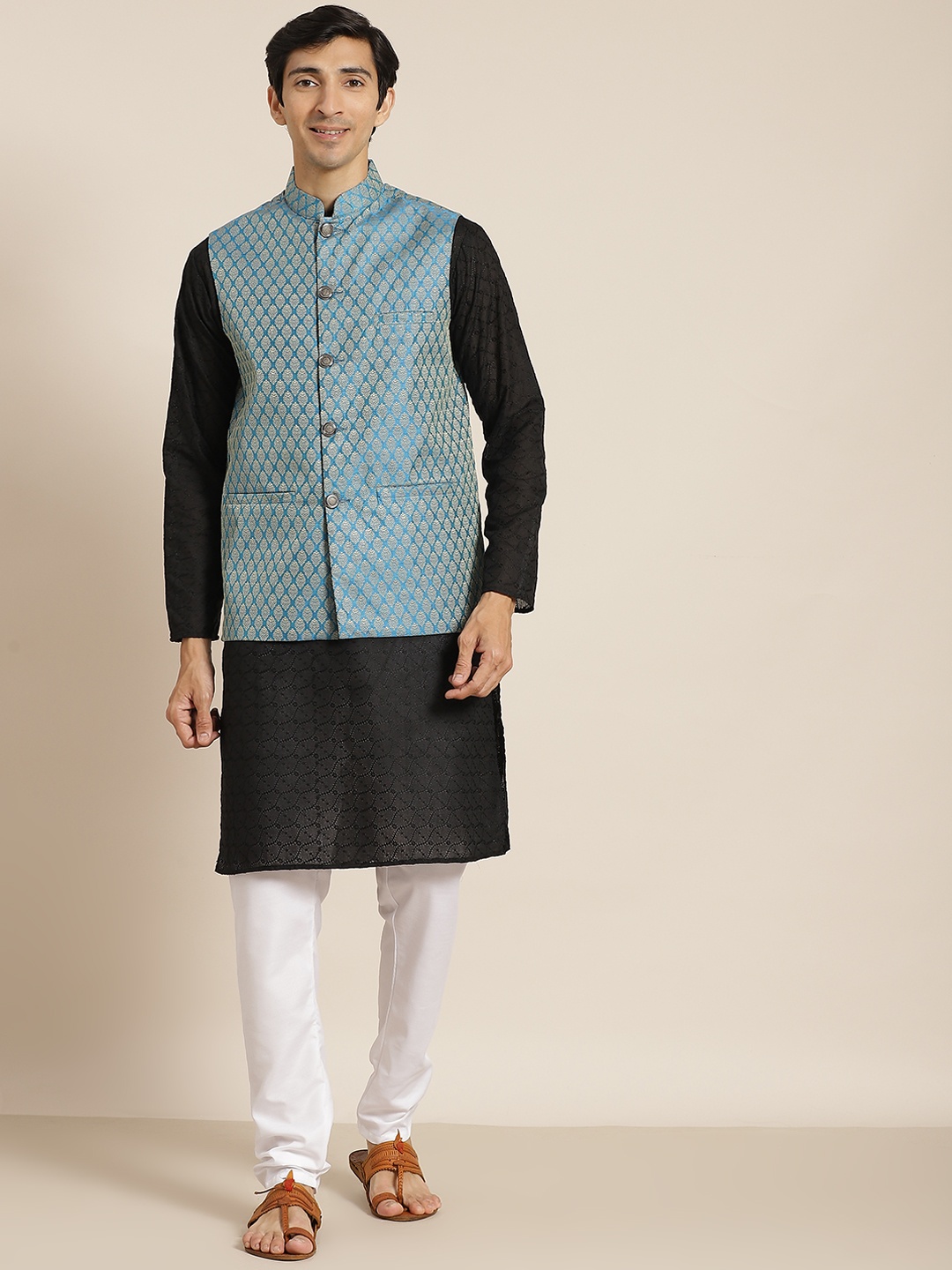 

SOJANYA Men Black Chikankari Pure Cotton Kurta with Churidar & Nehru Jacket