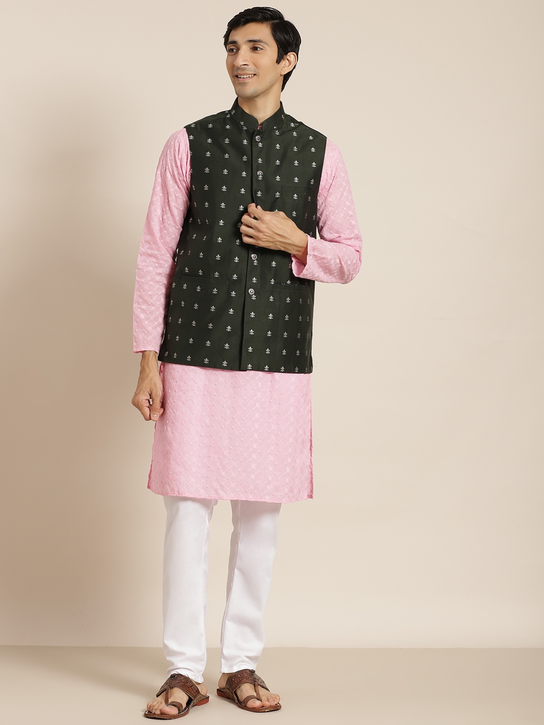 

SOJANYA Men Pink Ethnic Motifs Chikankari Pure Cotton Kurta with Churidar & Nehru Jacket