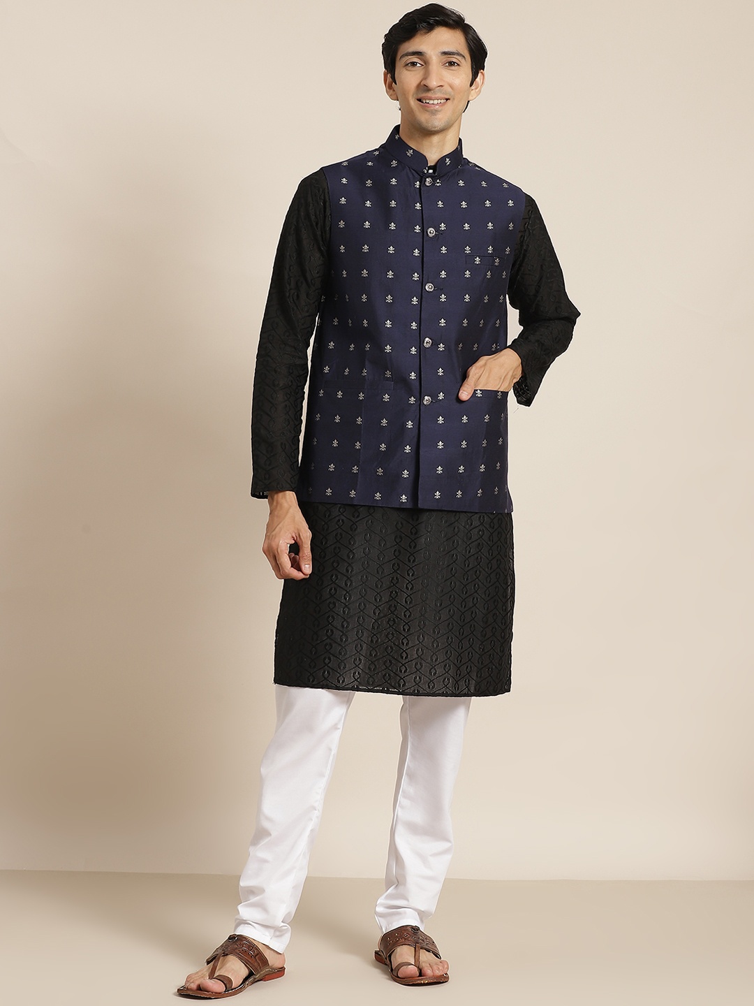 

SOJANYA Men Black Ethnic Motifs Chikankari Pure Cotton Kurta with Churidar & Nehru Jacket