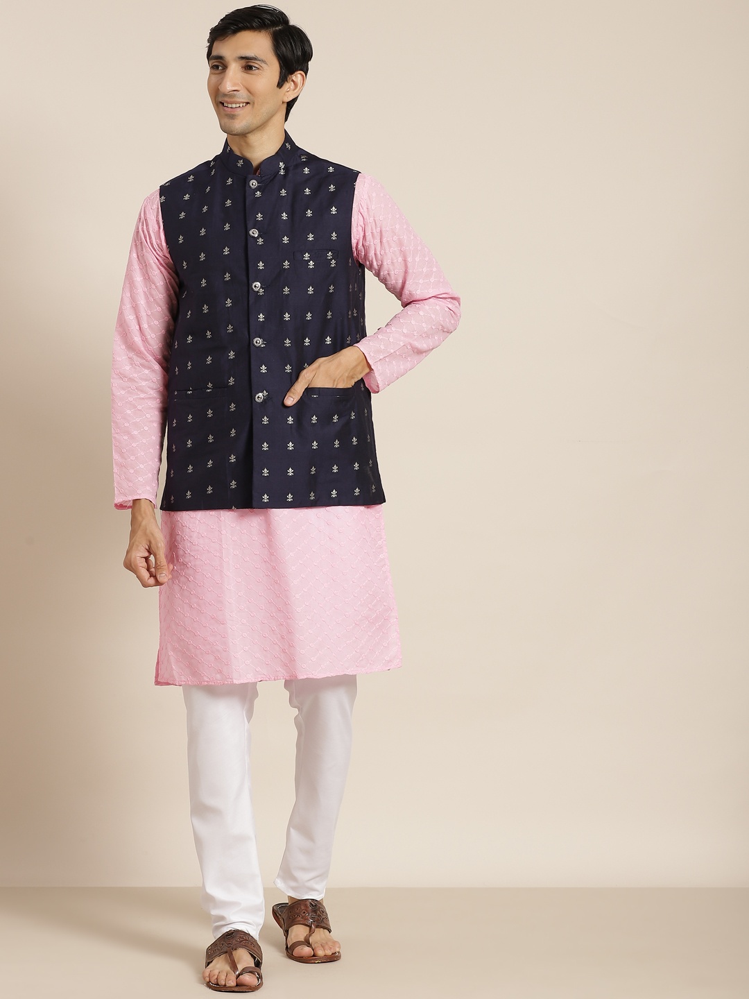 

SOJANYA Men Pink Ethnic Motifs Chikankari Pure Cotton Kurta with Churidar & Nehru Jacket
