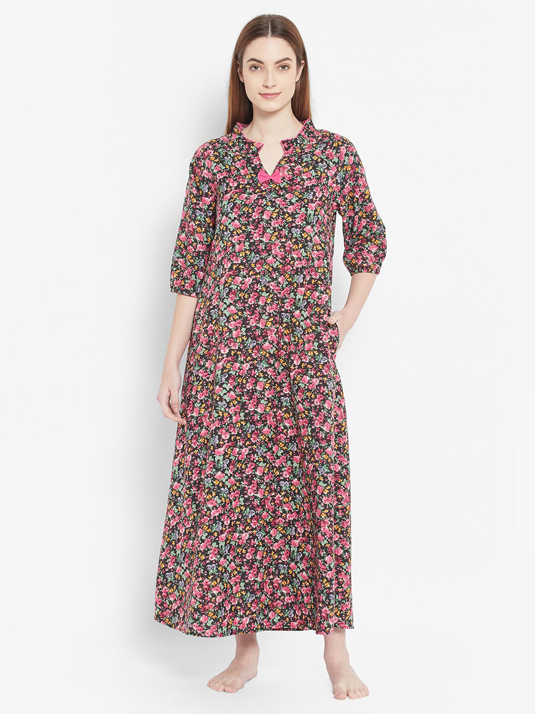 

HOUSE OF KKARMA Black & Pink Printed Maxi Nightdress