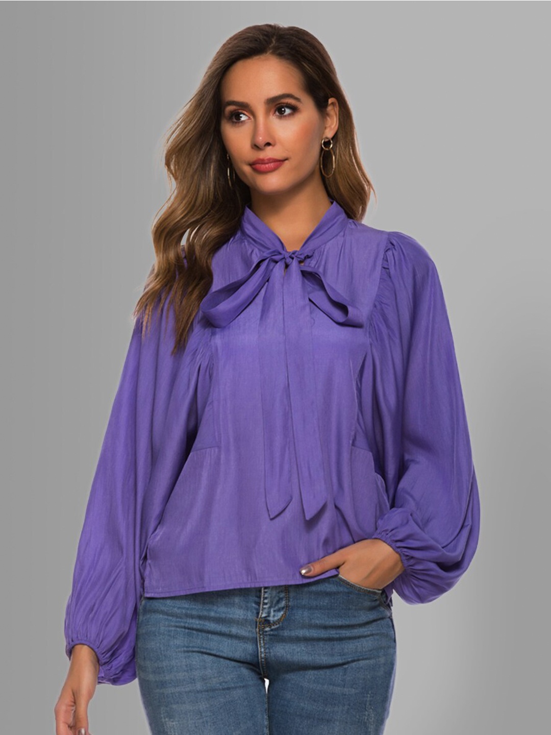 

JC Collection Women Purple Solid Tie-Up Neck Top