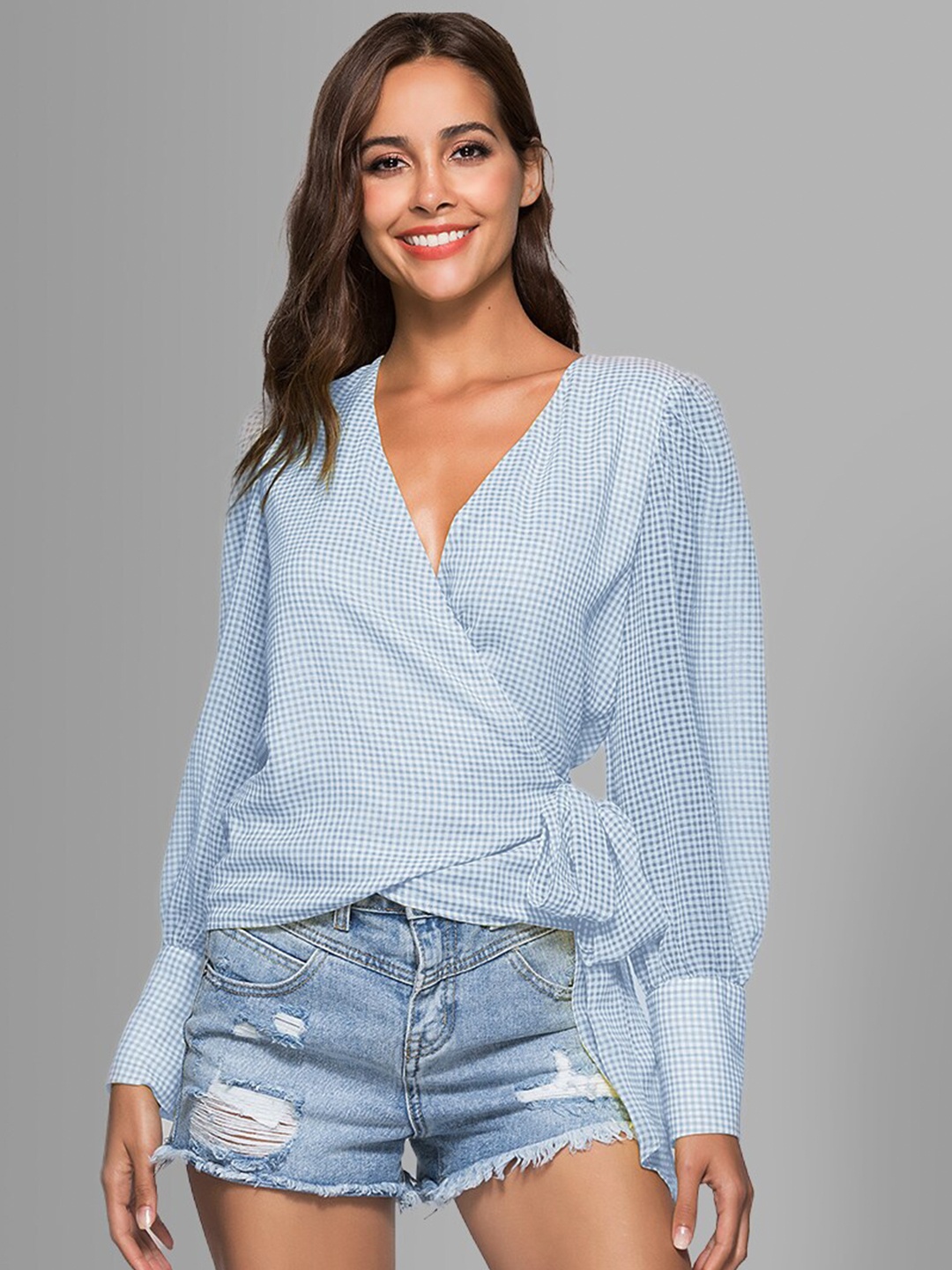 

JC Collection Blue Checked Cuffed Sleeves Wrap Top