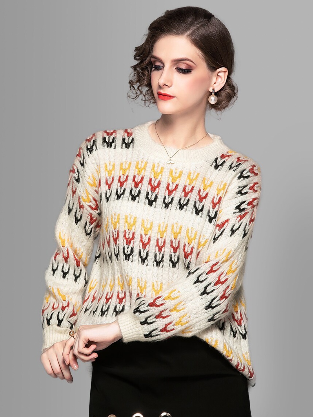 

JC Collection Women Off White & Yellow Pullover Sweater