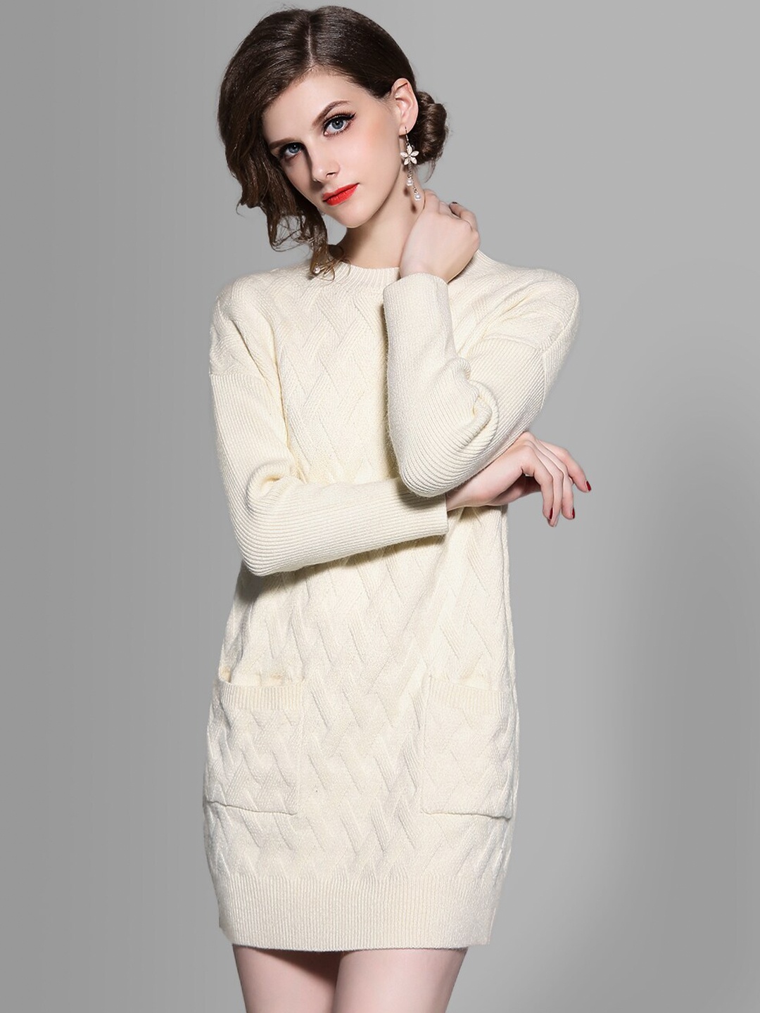 

JC Collection Women Off-White Self Design Longline Pullover
