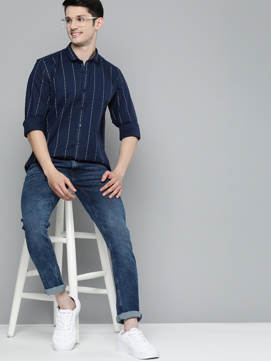 

Mast & Harbour Pure Cotton Striped Casual Shirt, Navy blue
