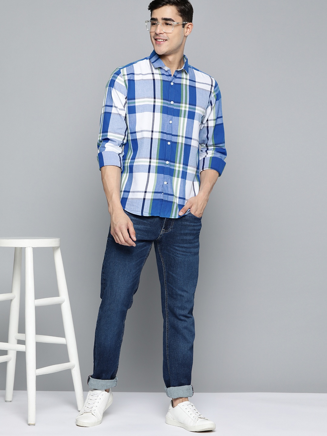 

Mast & Harbour Blue & White Tartan Checks Pure Cotton Casual Shirt