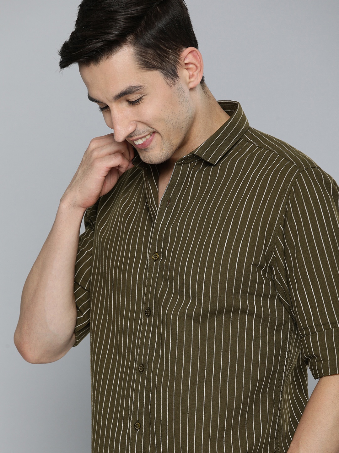 

Mast & Harbour Men Olive Green & White Striped Pure Cotton Casual Shirt