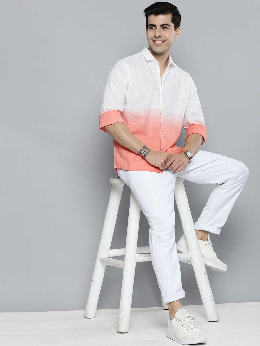 

Mast & Harbour Men White & Peach Ombre Dyed Casual Pure Cotton Shirt